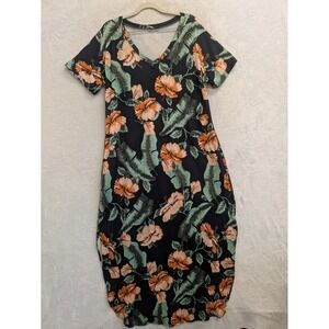 Arolina Tropical Floral Print Maxi Dress V-Neck Short‎ Sleeve Women's Size L